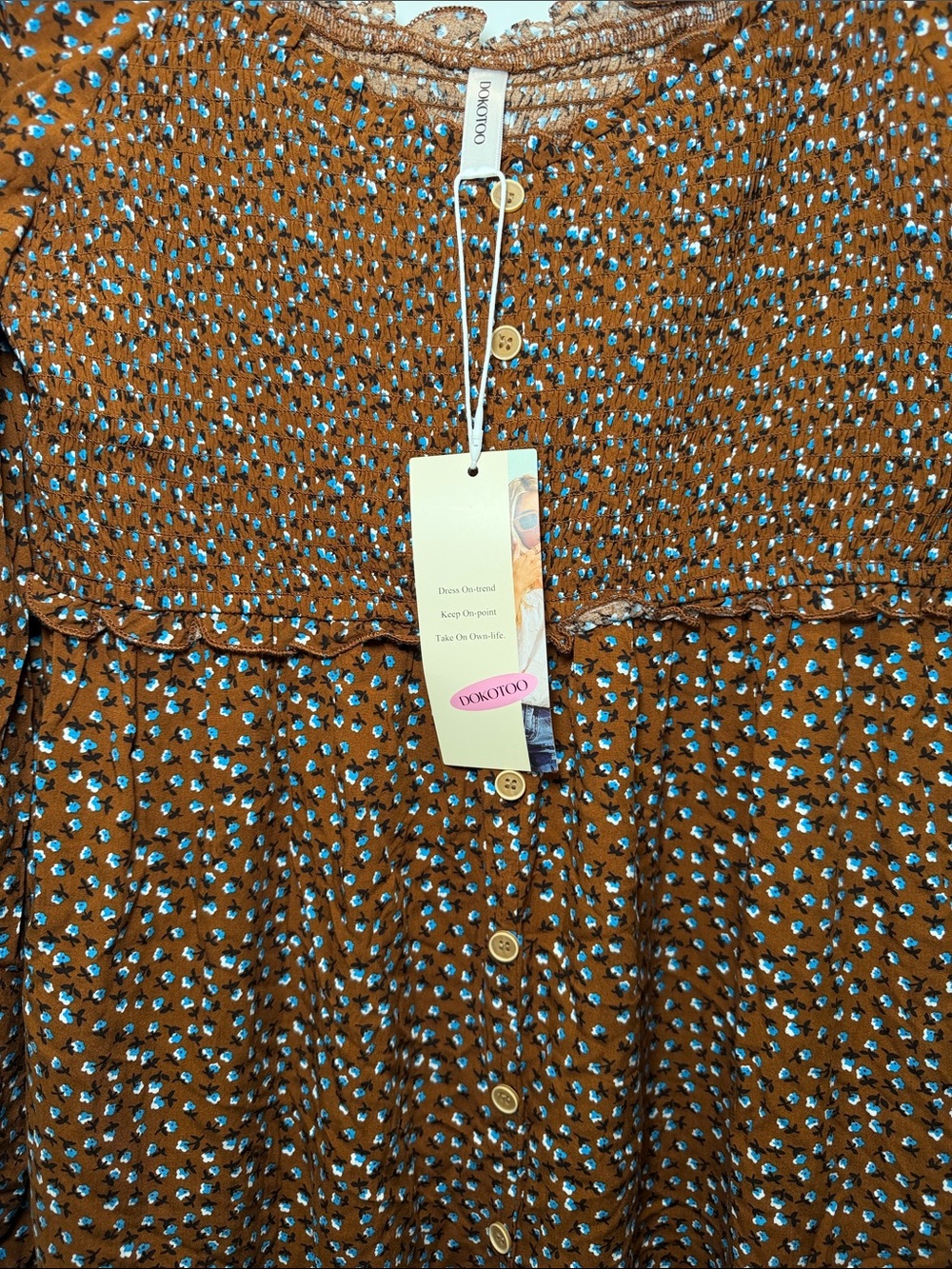 NWT Dokotoo Smocked Brown Floral Maxi Dress with Button Front - Picture 3 of 6